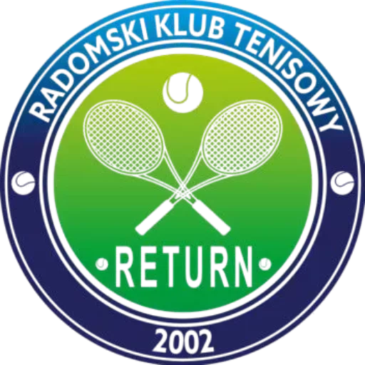Logo Radomskiego Klubu Tenisowego RETURN – zielono-niebieska tarcza z rakietami tenisowymi i nazwą klubu